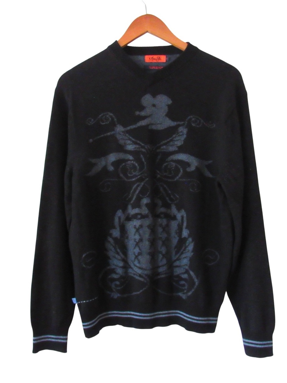 Marc Ecko Cut and Sew Vintage Sweater Medium Black Y2K V-Neck Ribbed Trim